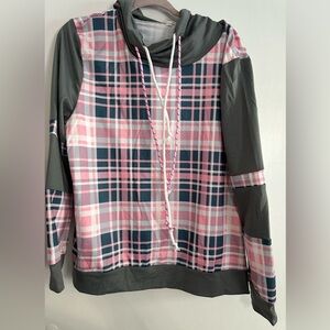 Plaid pink and grey cowl neck hoodie